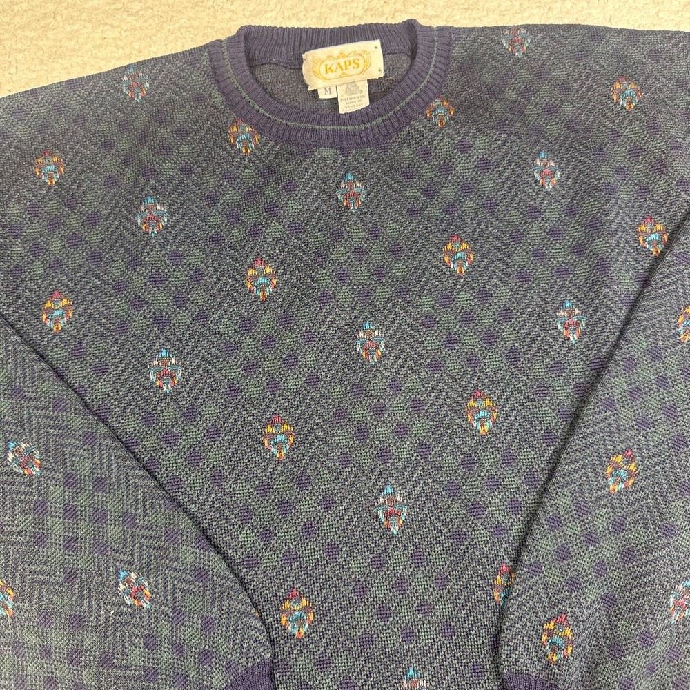 Kaps Vintage 80s‎ Medium Wool Geometric Knit Pullover Sweater Eclectic Grandpa